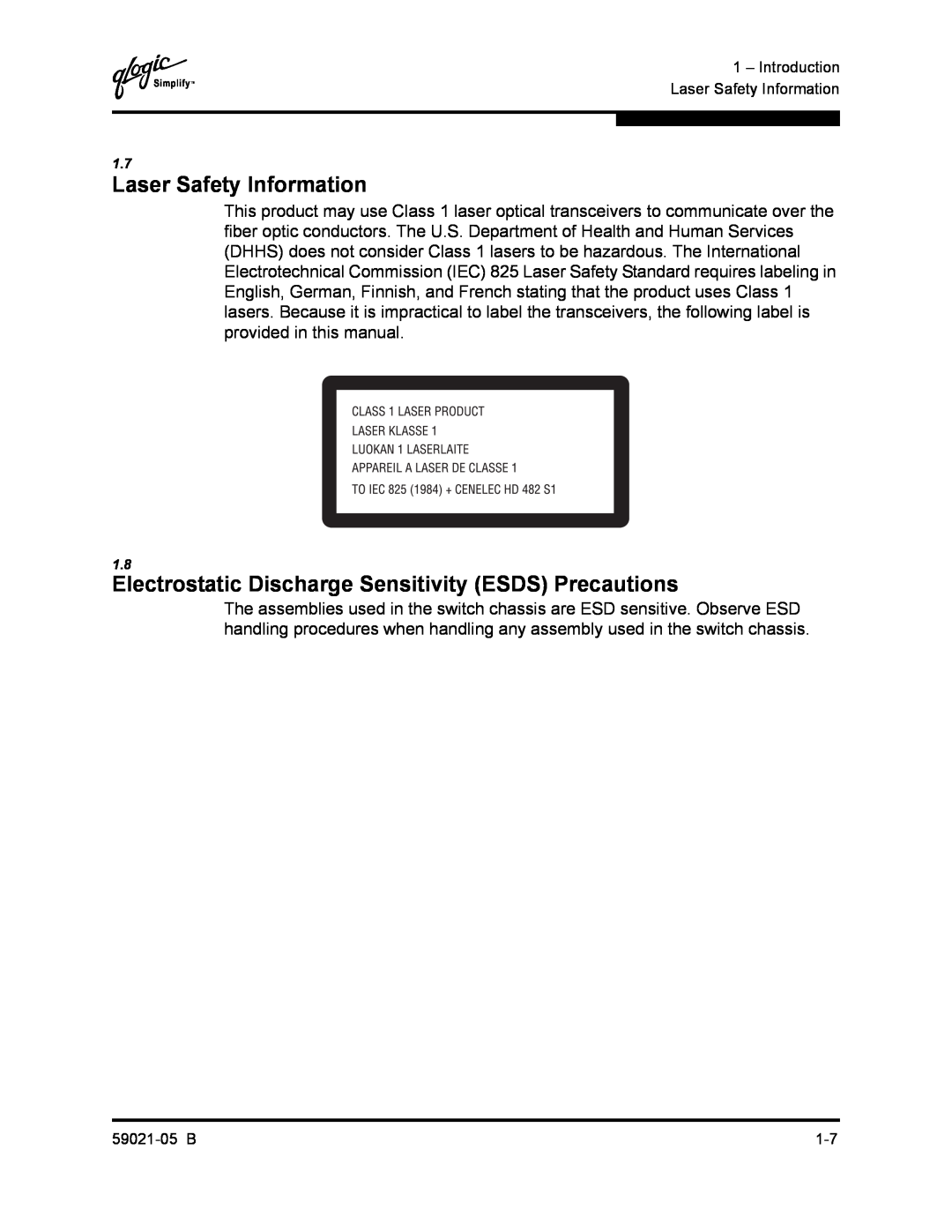 Q-Logic 59021-05 B manual Laser Safety Information, Electrostatic Discharge Sensitivity ESDS Precautions 