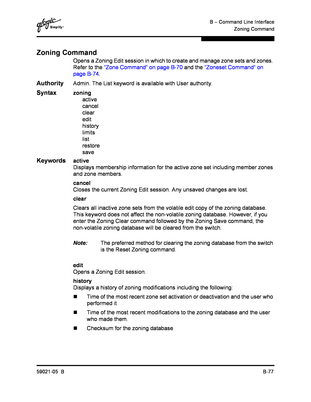 Q-Logic 59021-05 B manual Zoning Command, Keywords active 