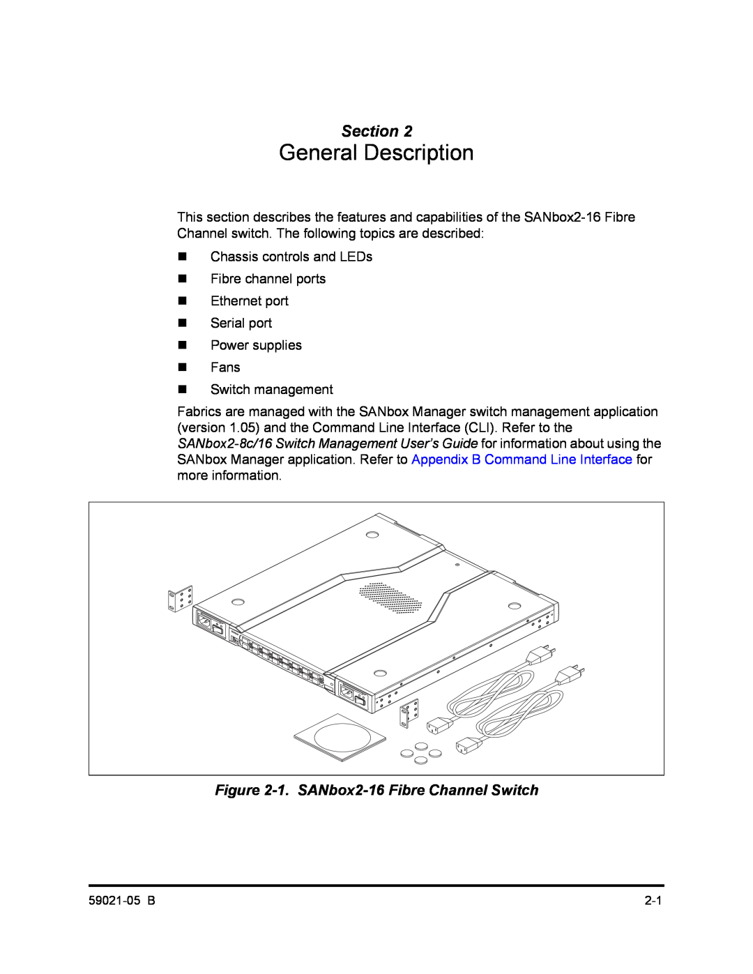 Q-Logic 59021-05 B manual General Description, 1. SANbox2-16 Fibre Channel Switch, Section 