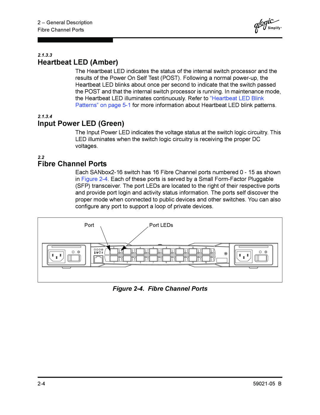 Q-Logic 59021-05 B manual Heartbeat LED Amber, Input Power LED Green, 4. Fibre Channel Ports 