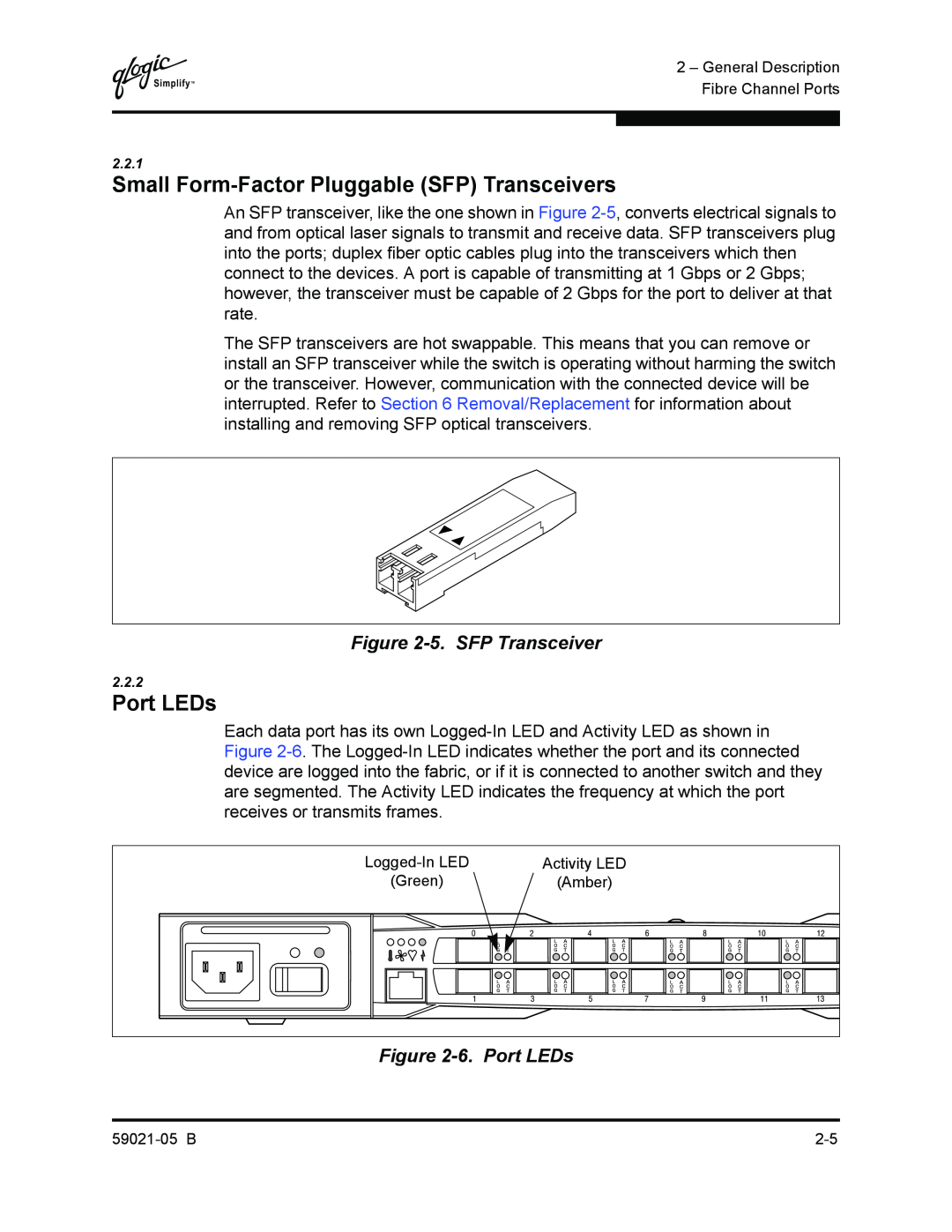 Q-Logic 59021-05 B manual Small Form-Factor Pluggable SFP Transceivers, 5. SFP Transceiver, 6. Port LEDs 