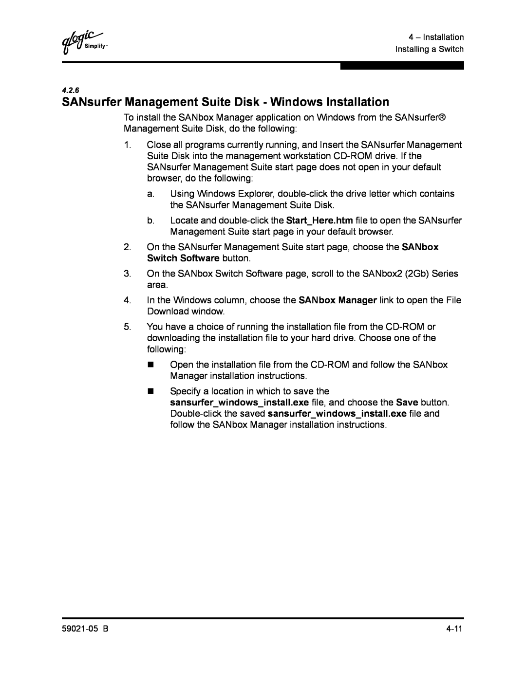 Q-Logic 59021-05 B manual SANsurfer Management Suite Disk - Windows Installation 