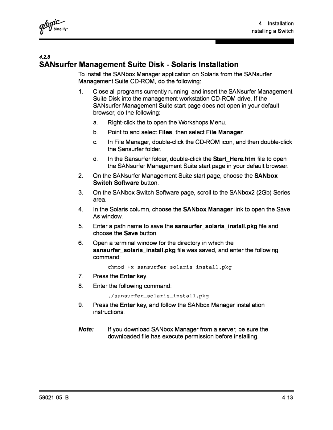 Q-Logic 59021-05 B manual SANsurfer Management Suite Disk - Solaris Installation, chmod +x sansurfersolarisinstall.pkg 