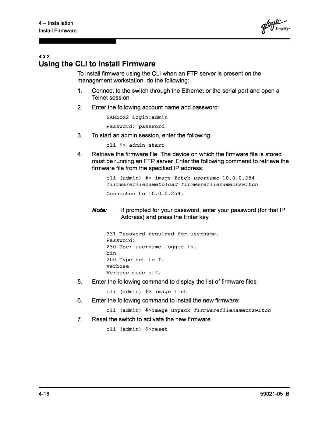Q-Logic 59021-05 B manual Using the CLI to Install Firmware 