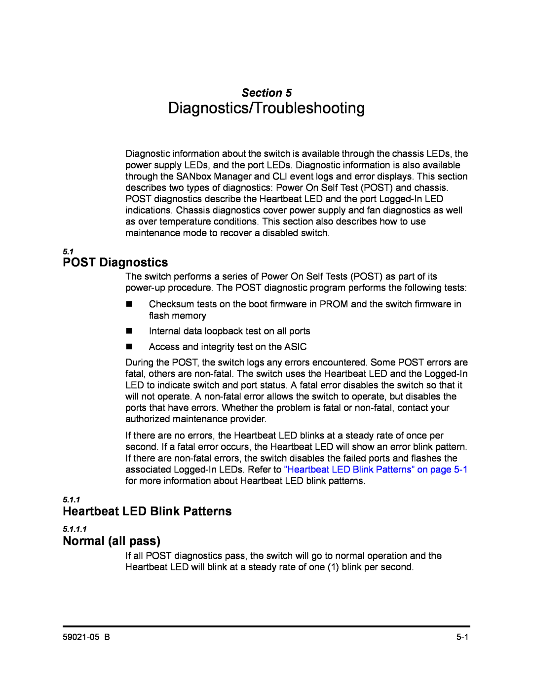 Q-Logic 59021-05 B Diagnostics/Troubleshooting, POST Diagnostics, Heartbeat LED Blink Patterns, Normal all pass, Section 