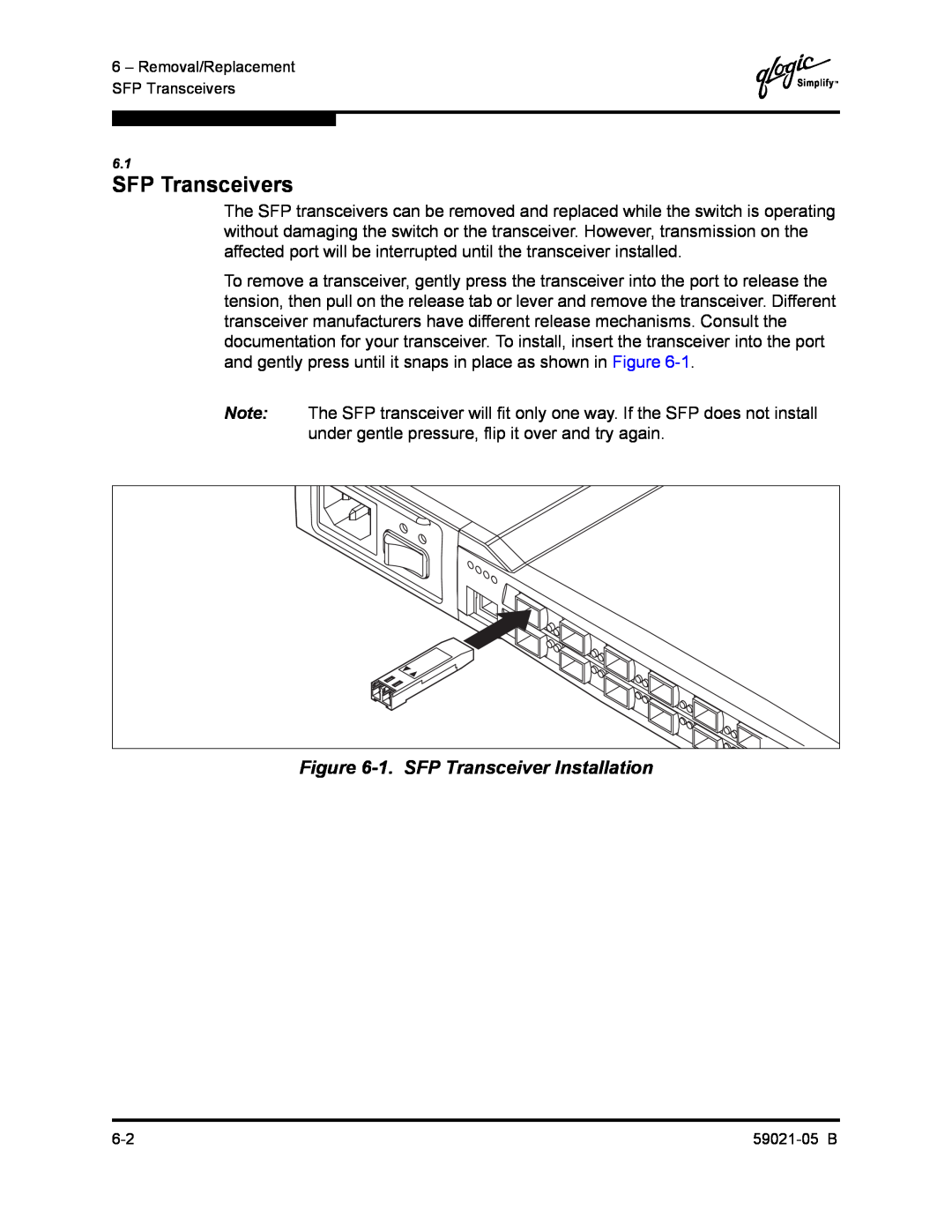 Q-Logic 59021-05 B manual SFP Transceivers, 1. SFP Transceiver Installation 