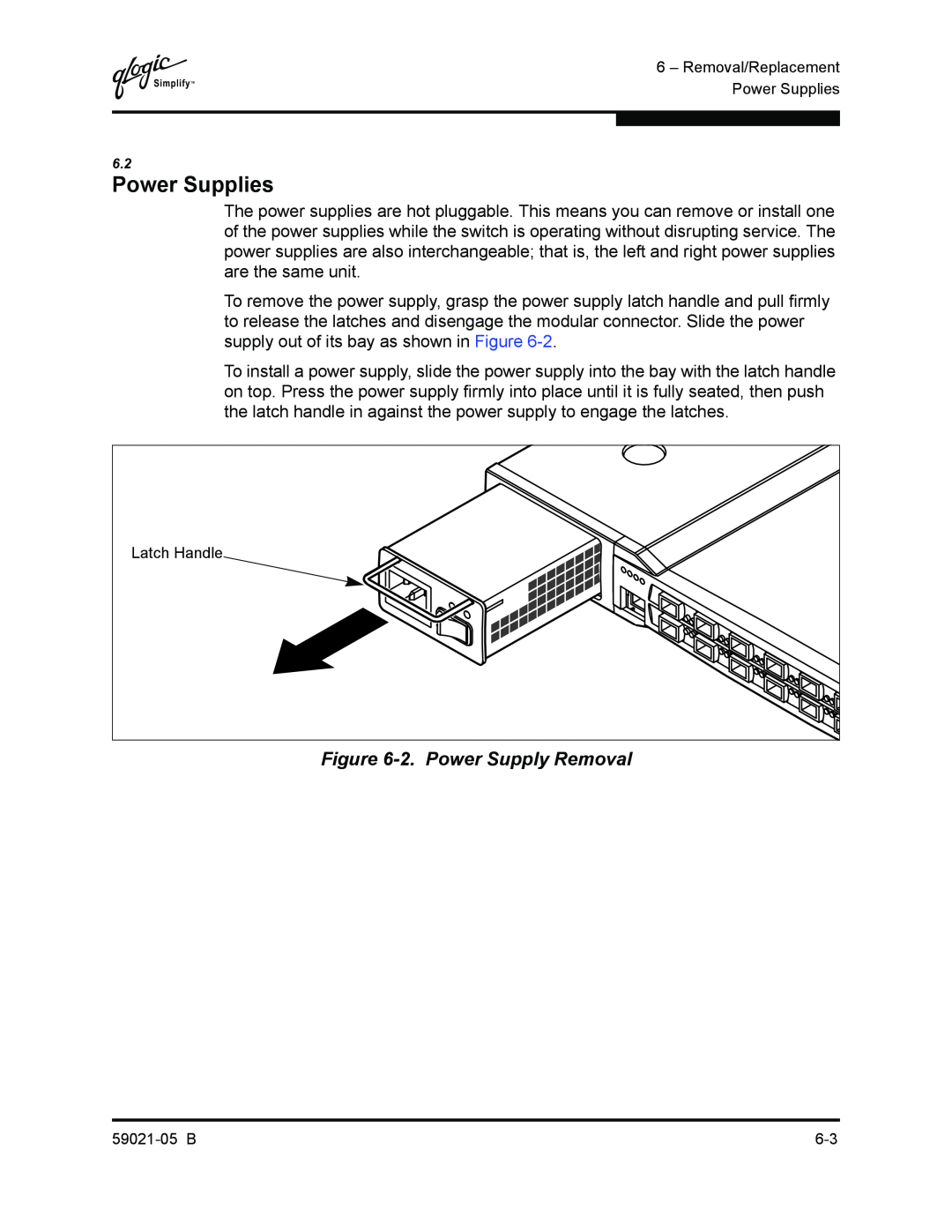 Q-Logic 59021-05 B manual 2. Power Supply Removal, Power Supplies 