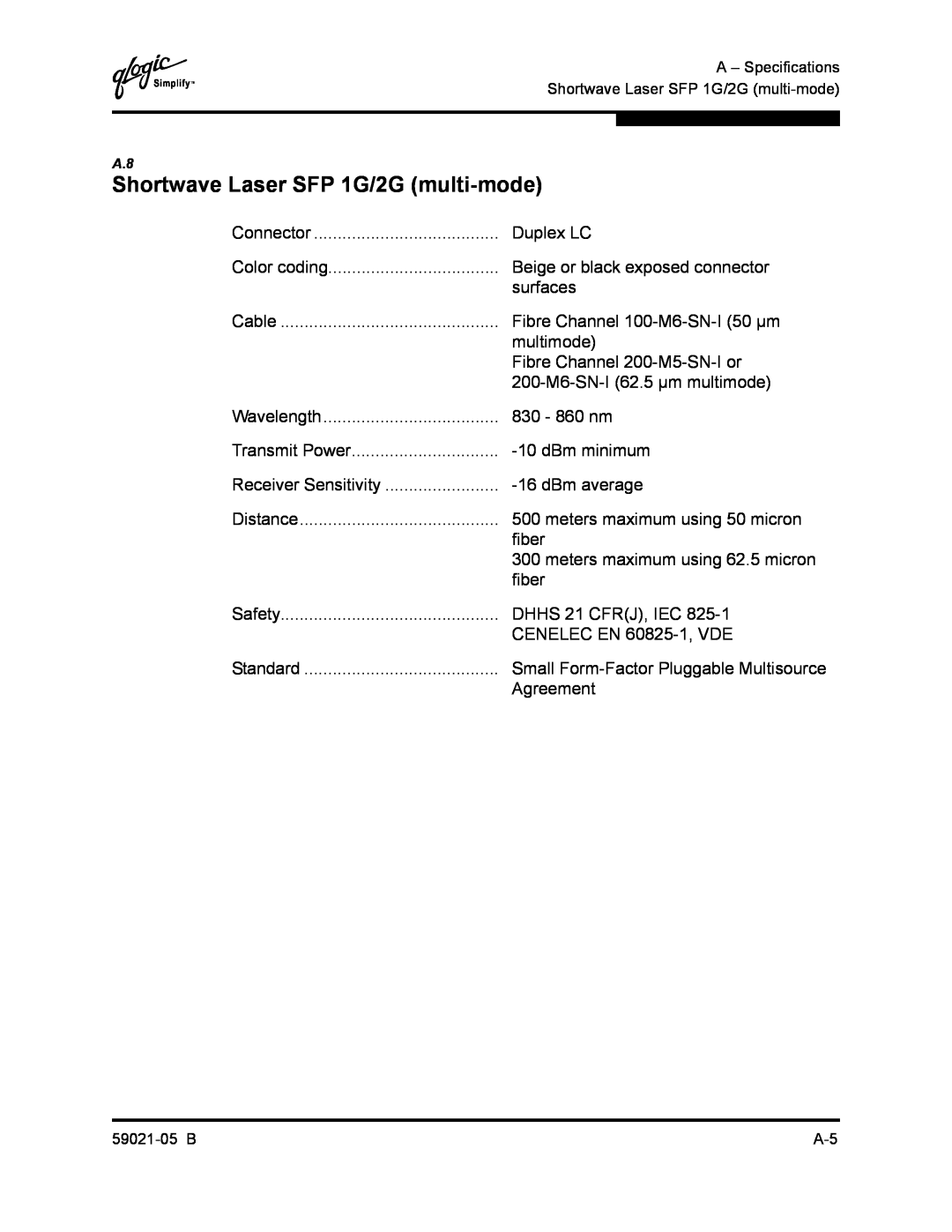 Q-Logic 59021-05 B manual Shortwave Laser SFP 1G/2G multi-mode 