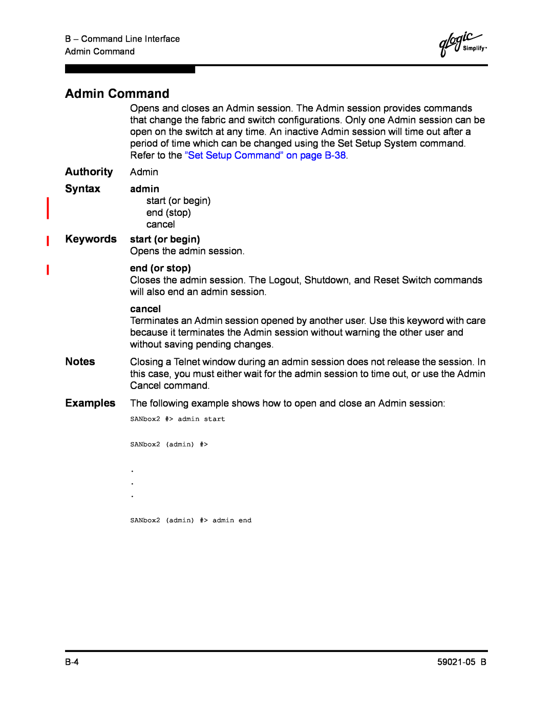 Q-Logic 59021-05 B manual Admin Command, Authority, Syntax, Keywords, Examples 