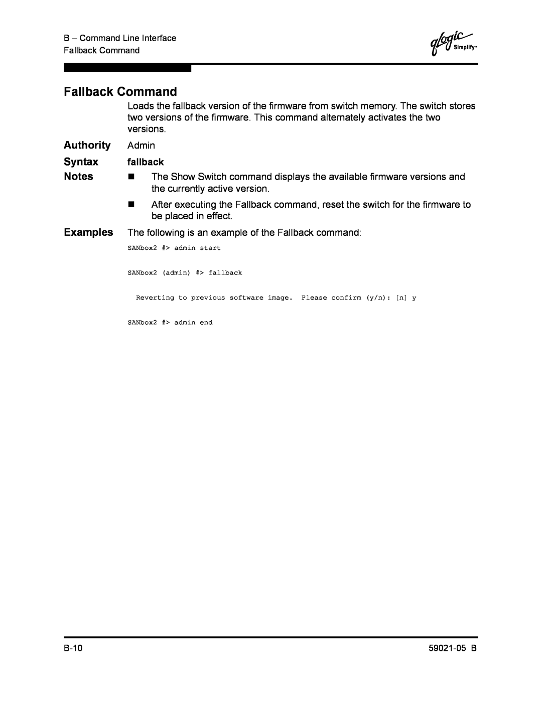 Q-Logic 59021-05 B manual Fallback Command, Authority, Syntax, Examples, fallback 