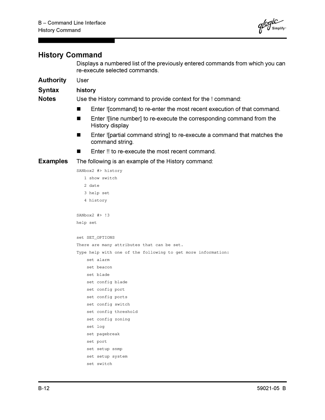 Q-Logic 59021-05 B manual History Command, Authority User Syntax history 