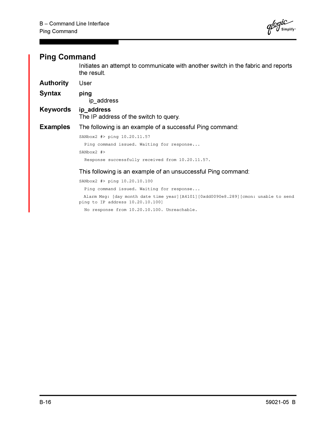 Q-Logic 59021-05 B manual Ping Command, Authority User Syntax ping, Ipaddress, Keywords ipaddress 