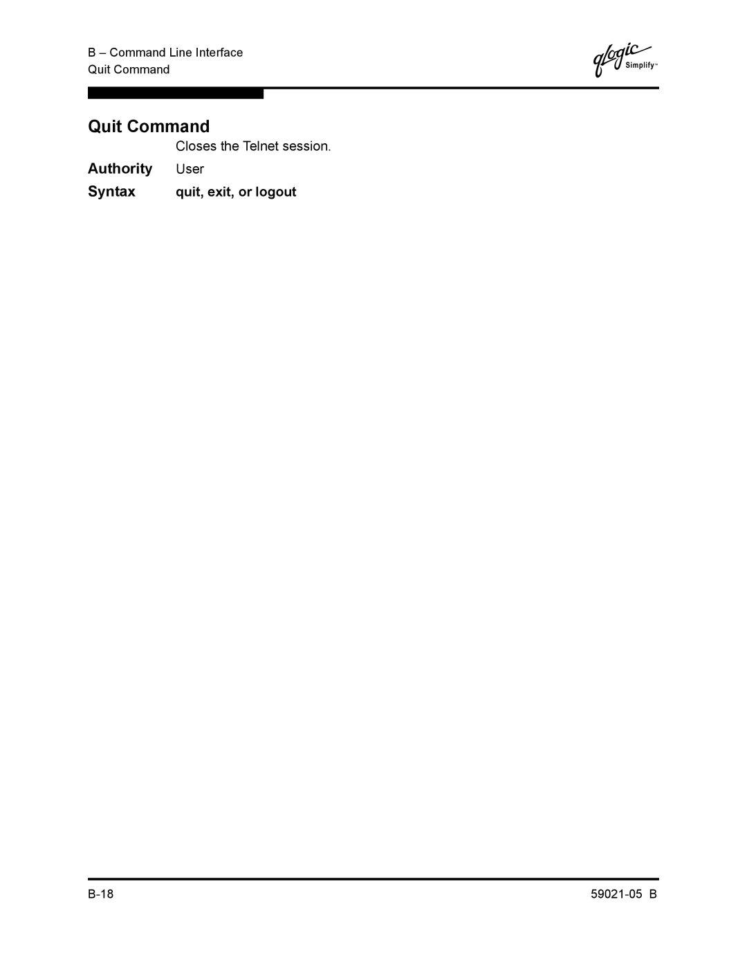 Q-Logic 59021-05 B manual Quit Command, Closes the Telnet session, Syntax quit, exit, or logout 