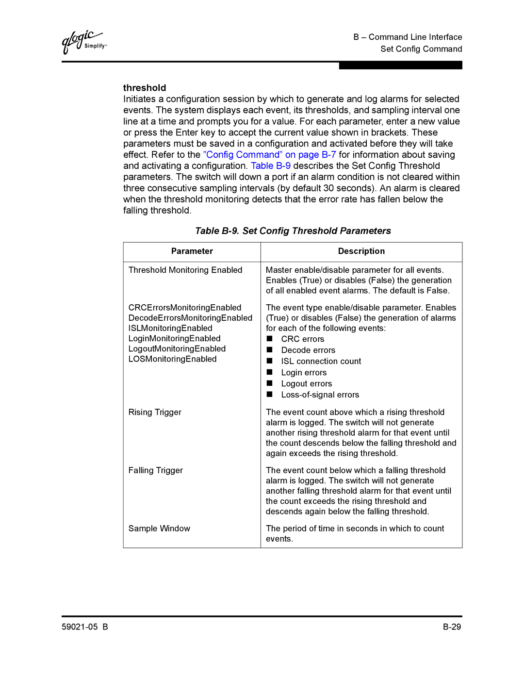 Q-Logic 59021-05 B manual Table B-9. Set Config Threshold Parameters 