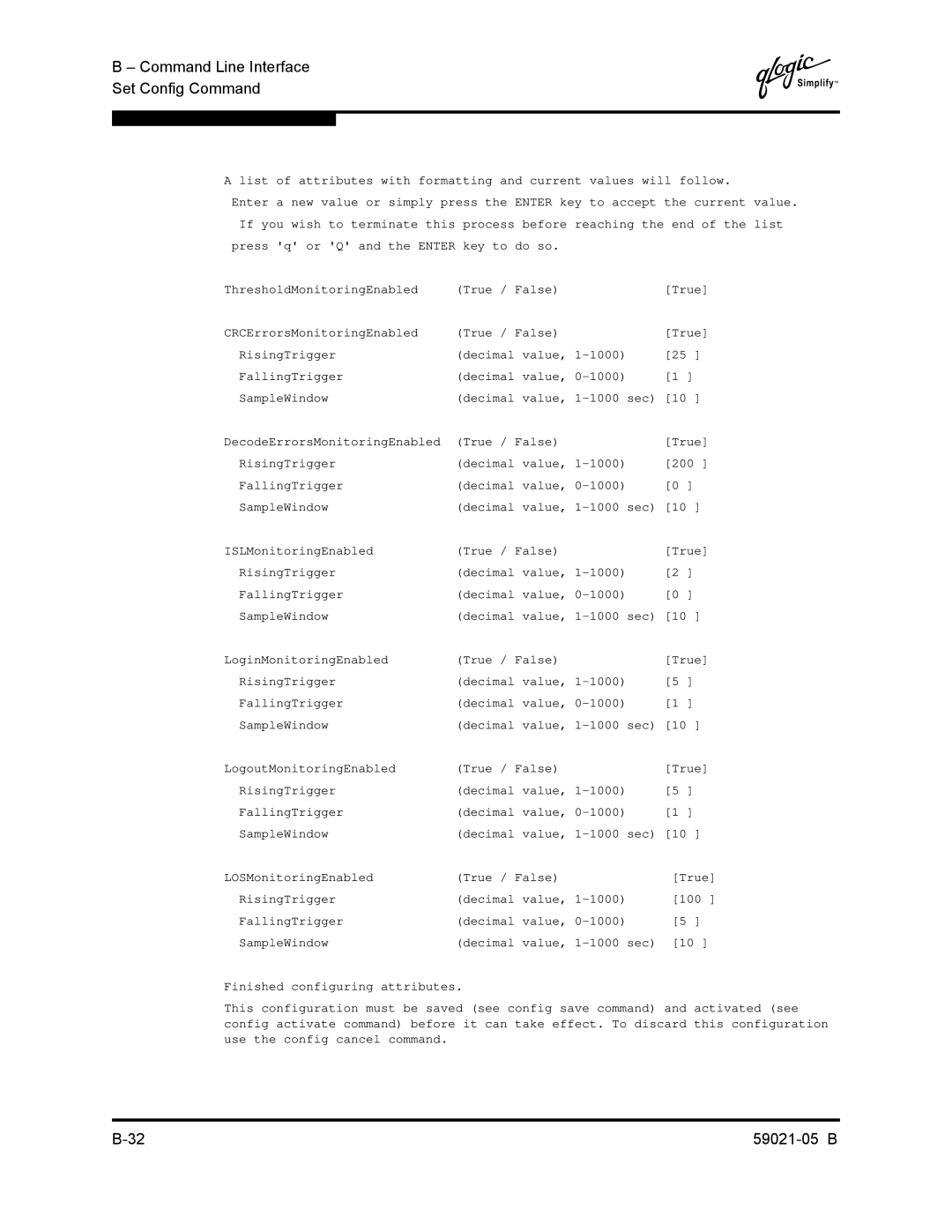 Q-Logic 59021-05 B manual Decimal value, 1-1000 sec DecodeErrorsMonitoringEnabled 