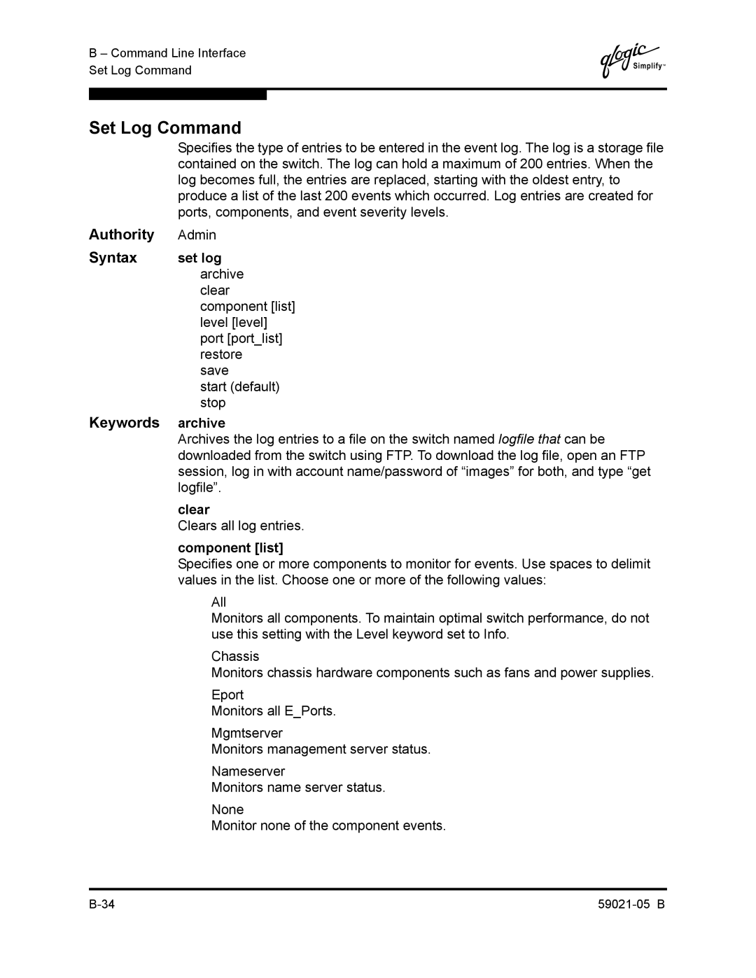 Q-Logic 59021-05 B manual Set Log Command, Set log, Archive, Clear, Component list 