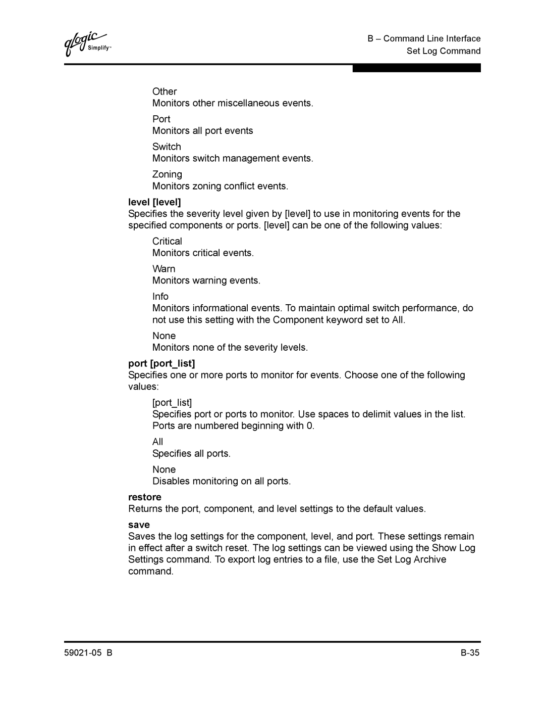 Q-Logic 59021-05 B manual Level level, Port portlist, Save 