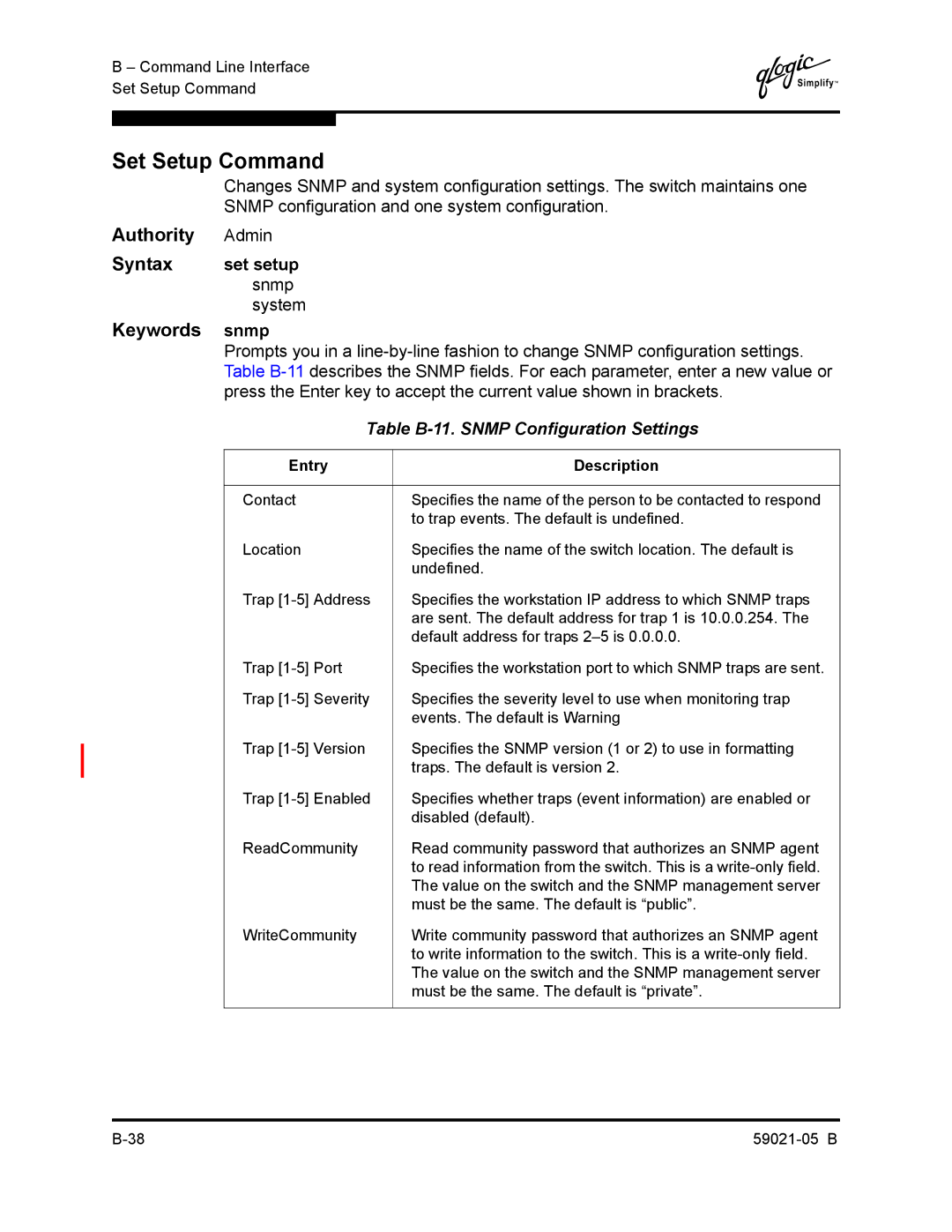 Q-Logic 59021-05 B manual Set Setup Command, Set setup, Snmp System, Table B-11. Snmp Configuration Settings 