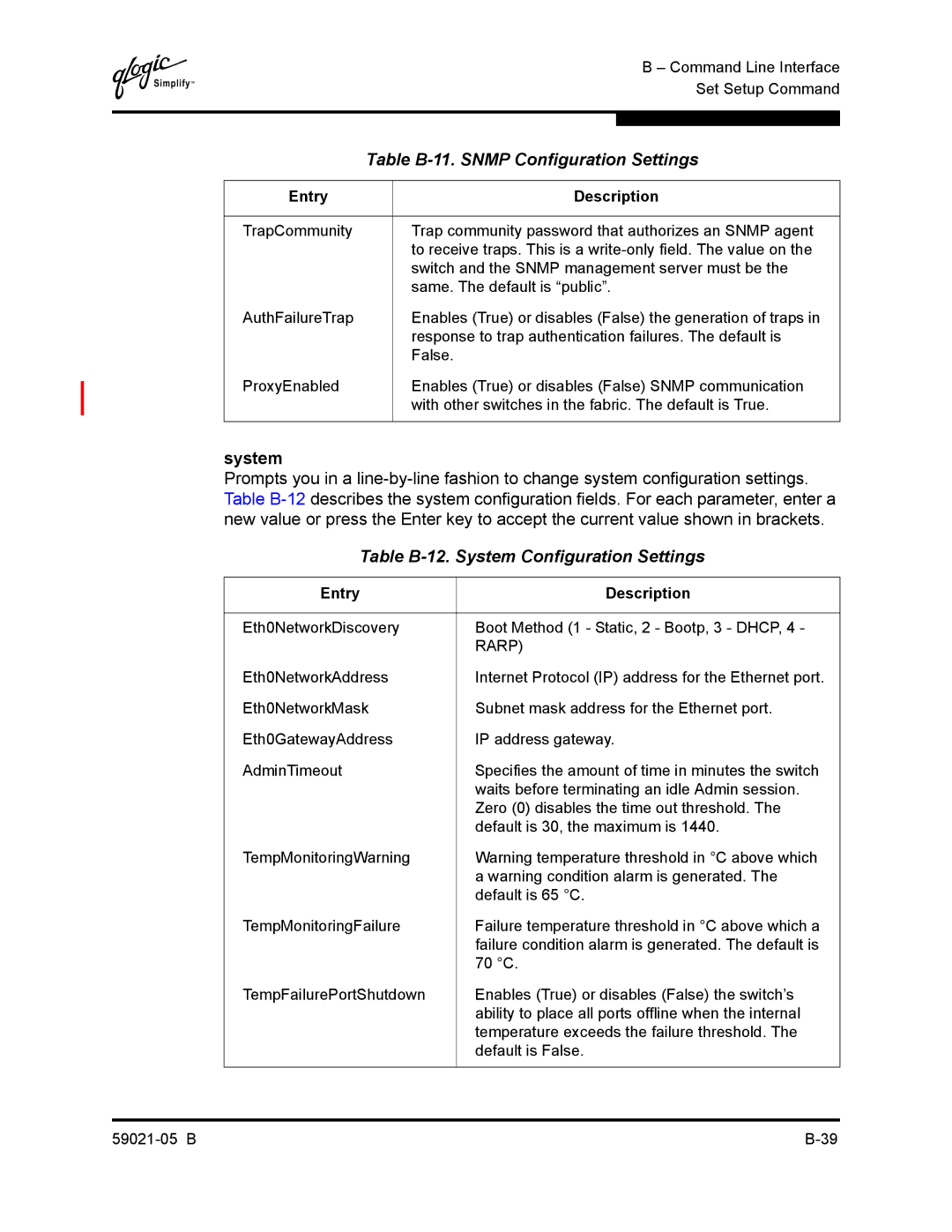 Q-Logic 59021-05 B manual Table B-12. System Configuration Settings, Rarp 