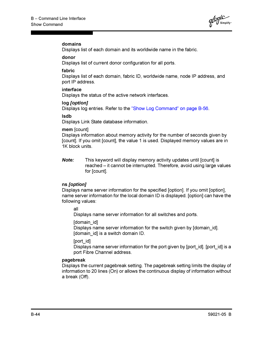 Q-Logic 59021-05 B manual Log option, Ns option 