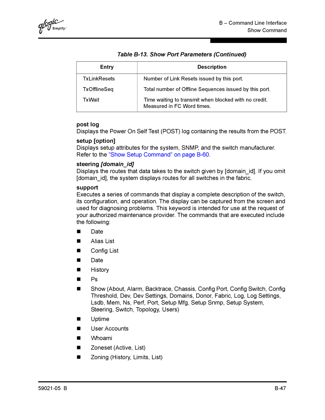 Q-Logic 59021-05 B manual Post log, Steering domainid, Support 