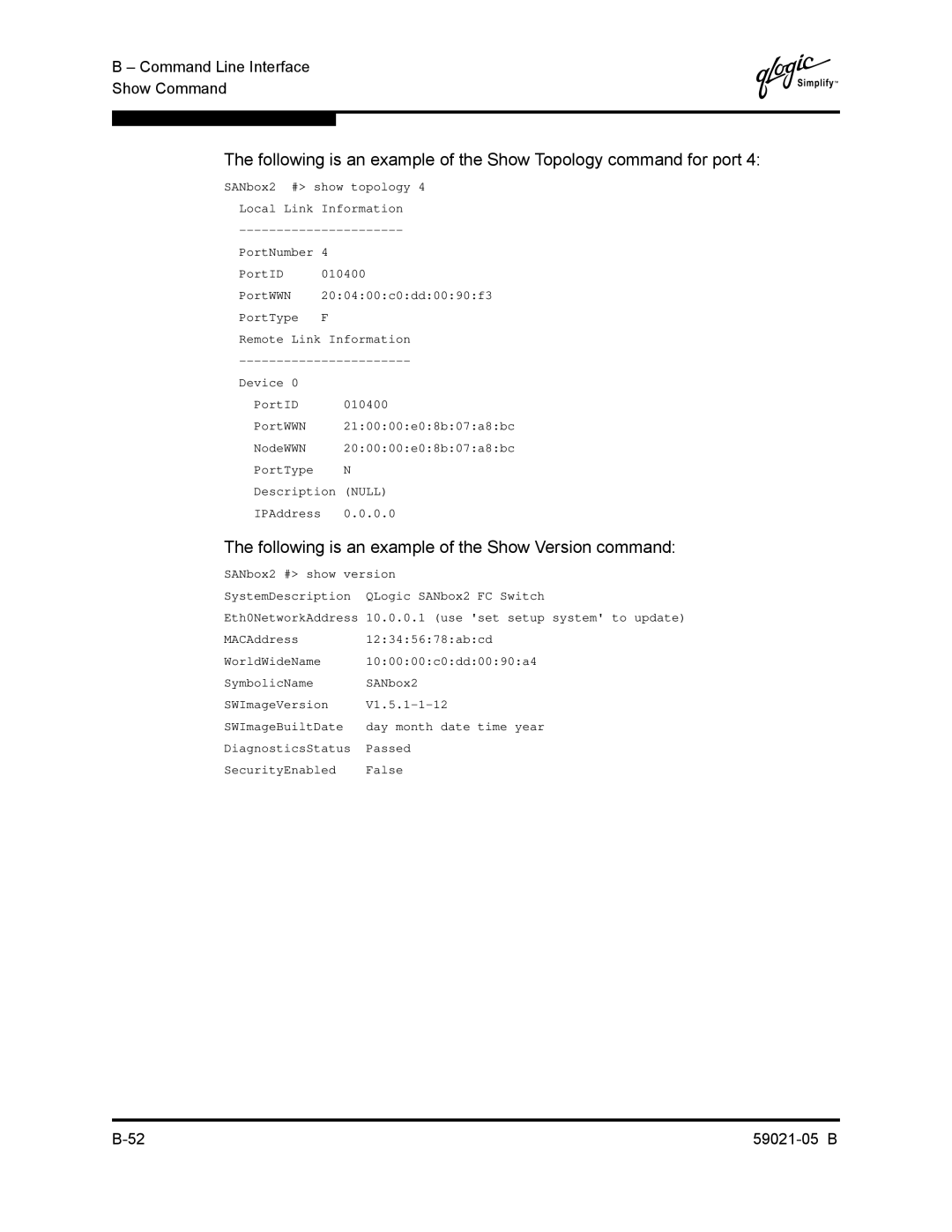 Q-Logic 59021-05 B manual Following is an example of the Show Version command 