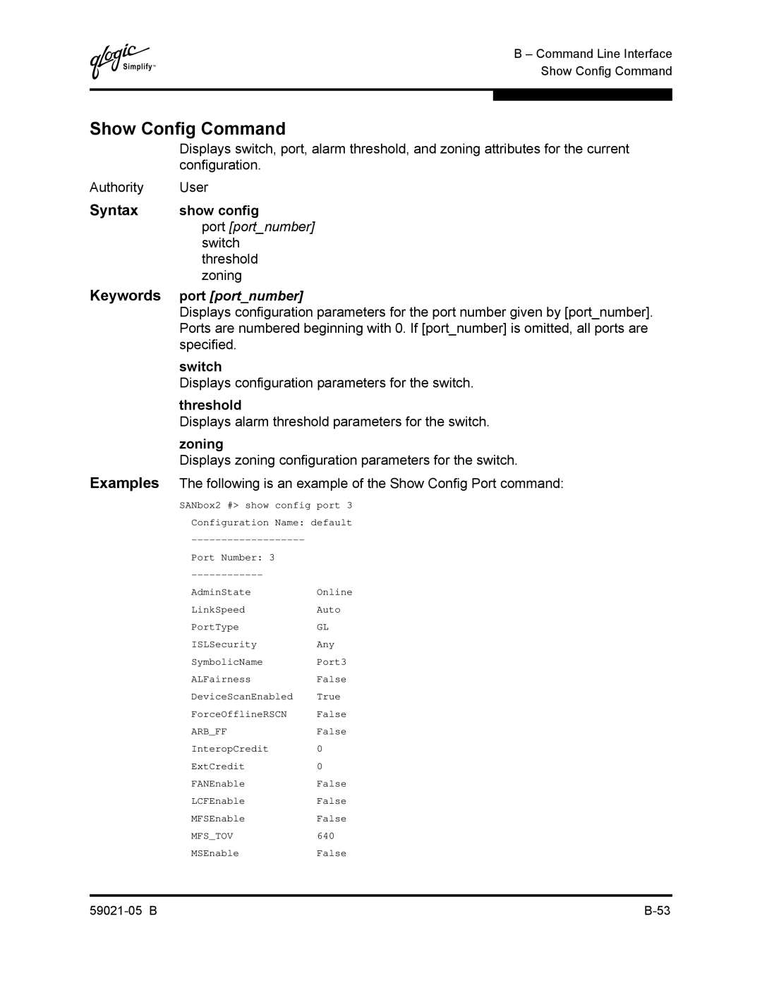 Q-Logic 59021-05 B manual Show Config Command, Show config 