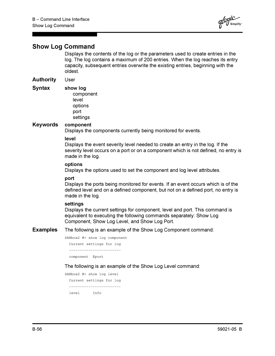 Q-Logic 59021-05 B manual Show Log Command, Keywords component 