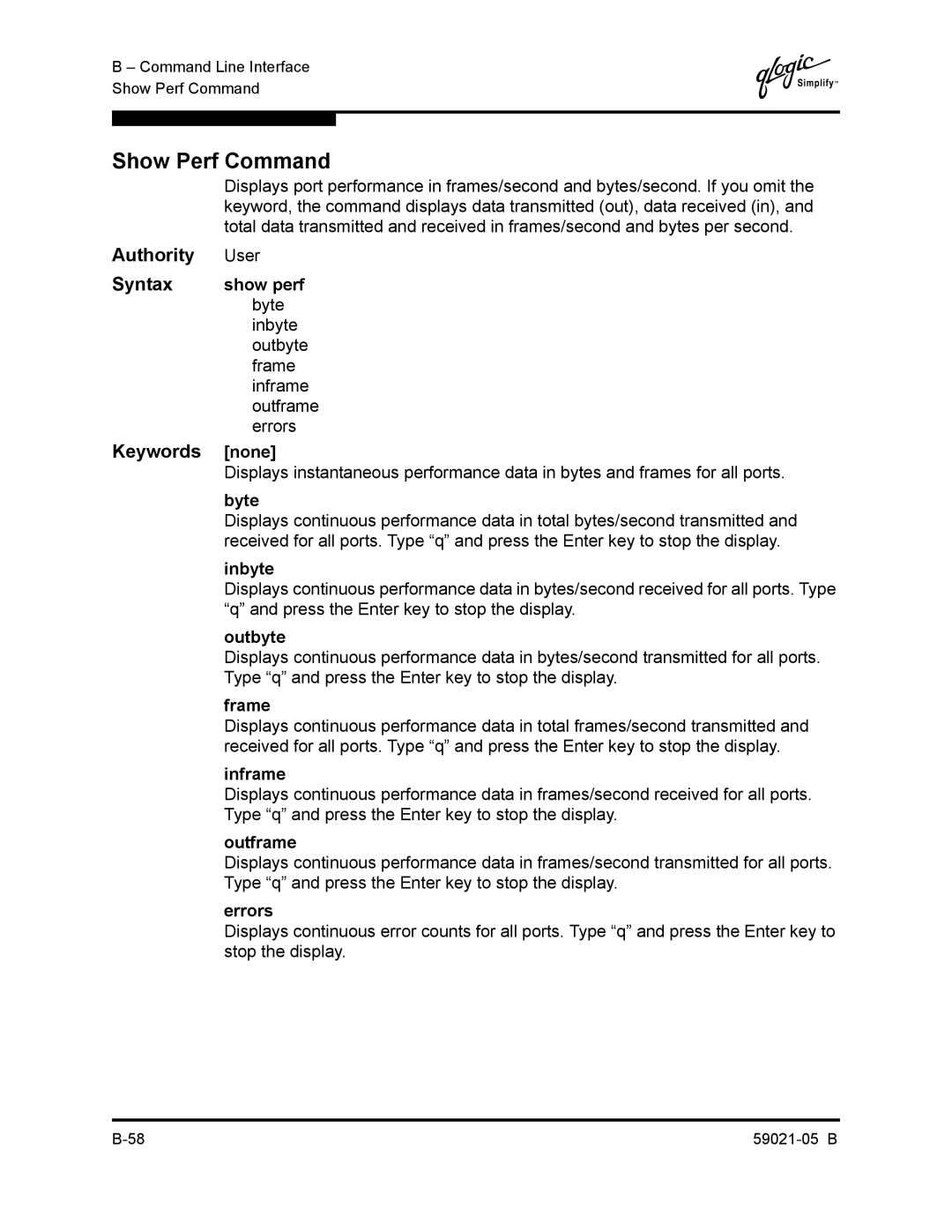 Q-Logic 59021-05 B manual Show Perf Command 