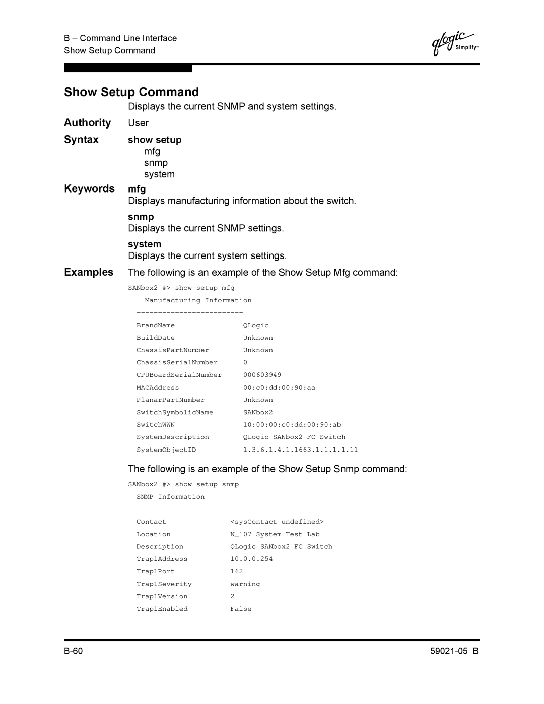 Q-Logic 59021-05 B manual Show Setup Command, Show setup, Mfg 