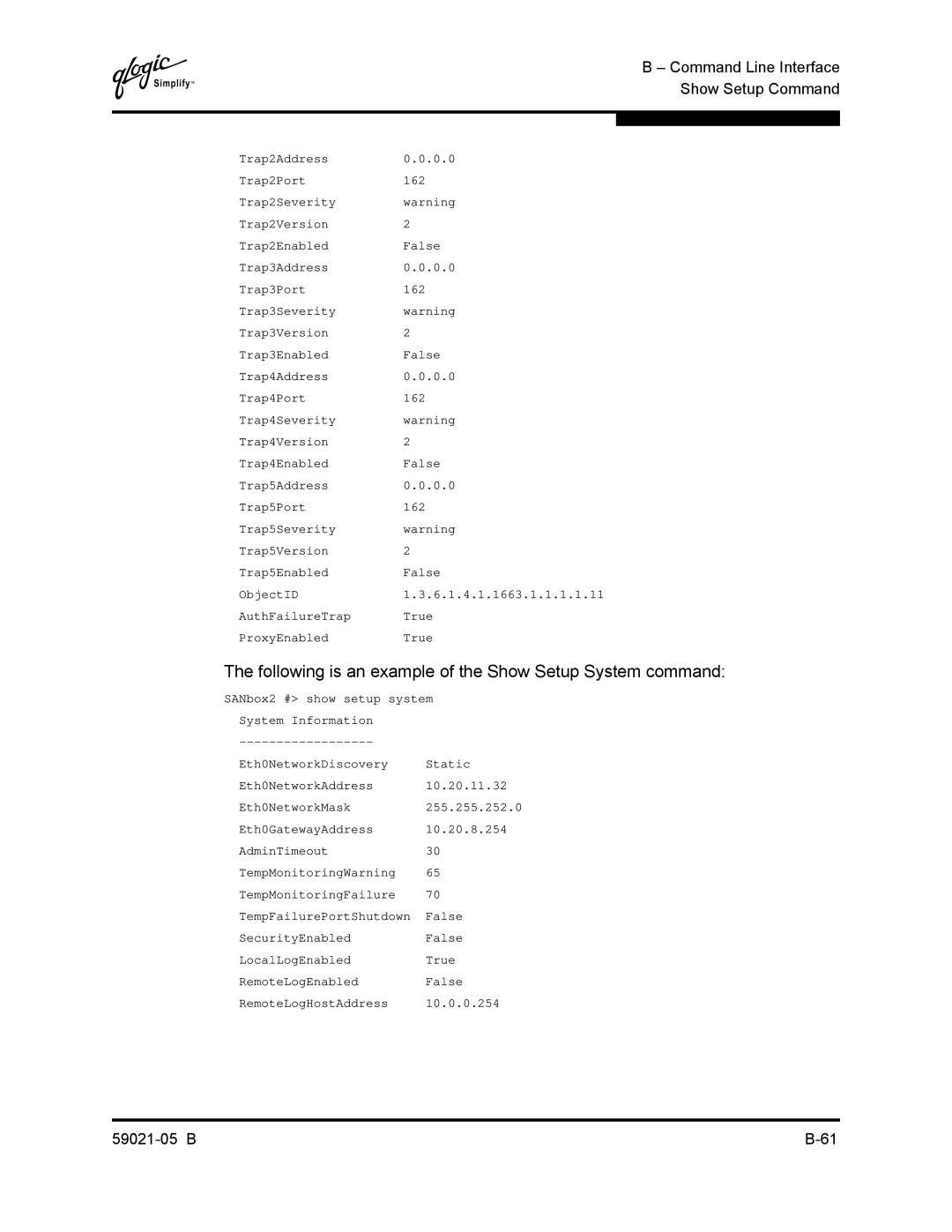 Q-Logic 59021-05 B manual Following is an example of the Show Setup System command 