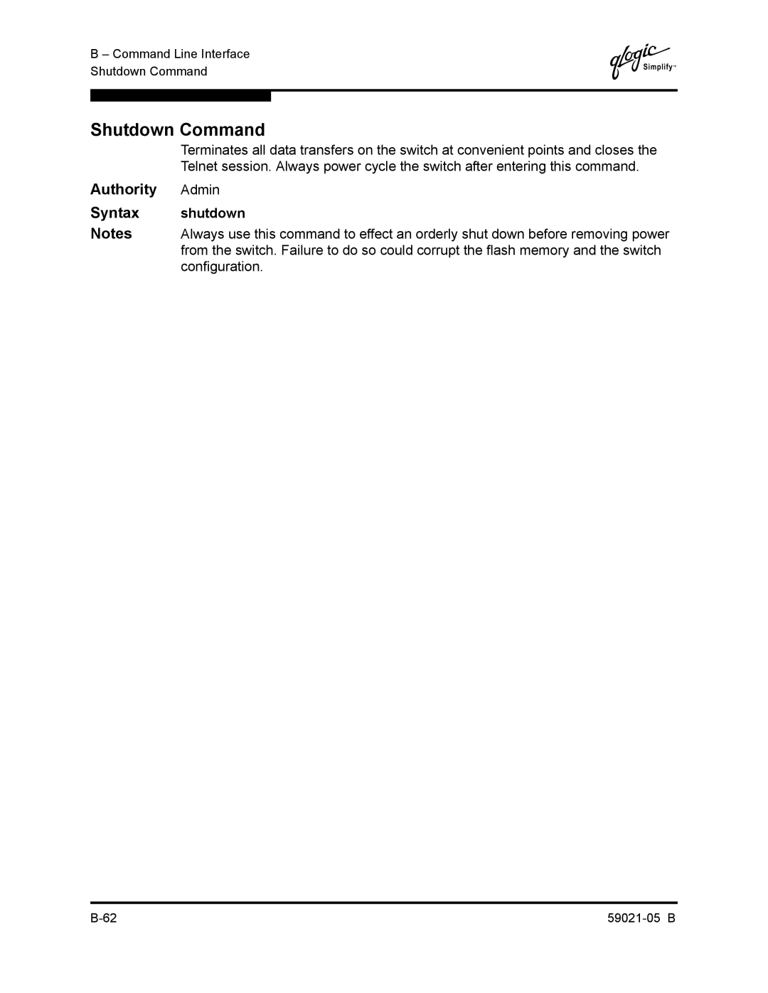 Q-Logic 59021-05 B manual Shutdown Command, Syntax shutdown 