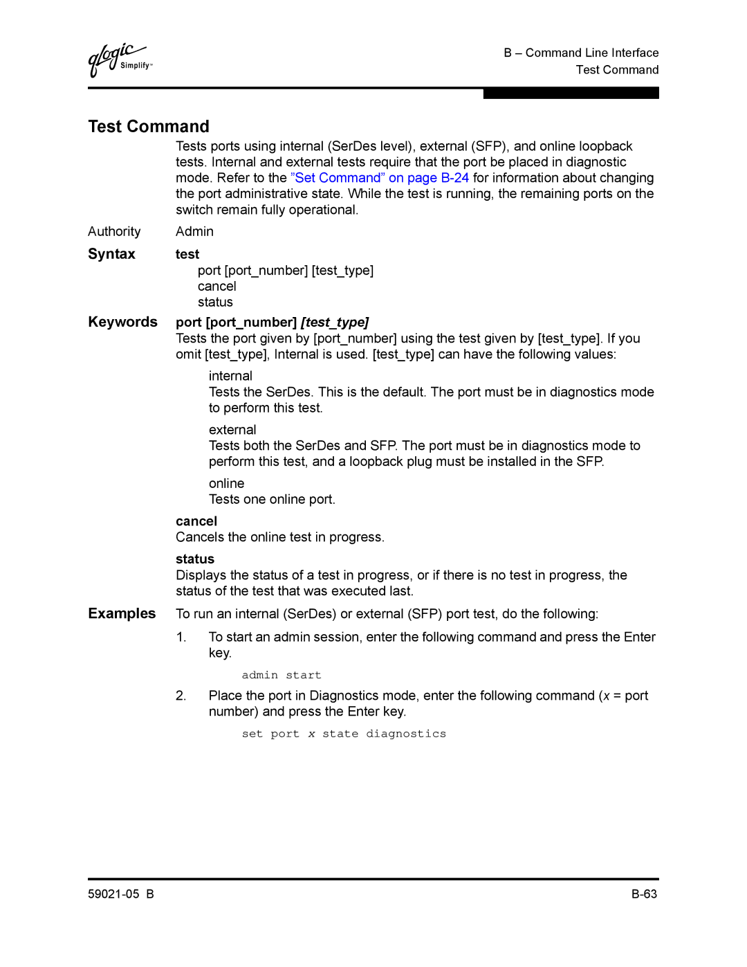 Q-Logic 59021-05 B manual Test Command, Syntax test, Keywords port portnumber testtype, Status 