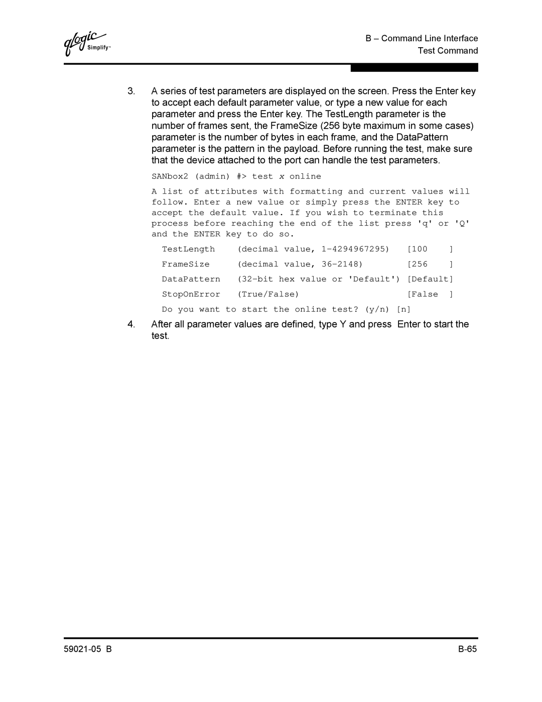 Q-Logic 59021-05 B manual Command Line Interface Test Command 