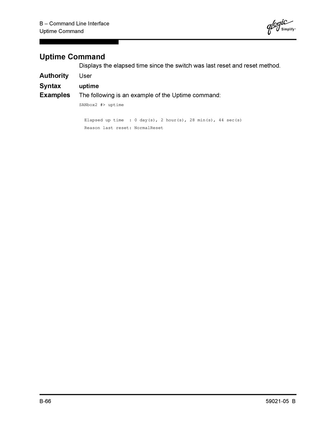 Q-Logic 59021-05 B manual Uptime Command, Authority User Syntax uptime 