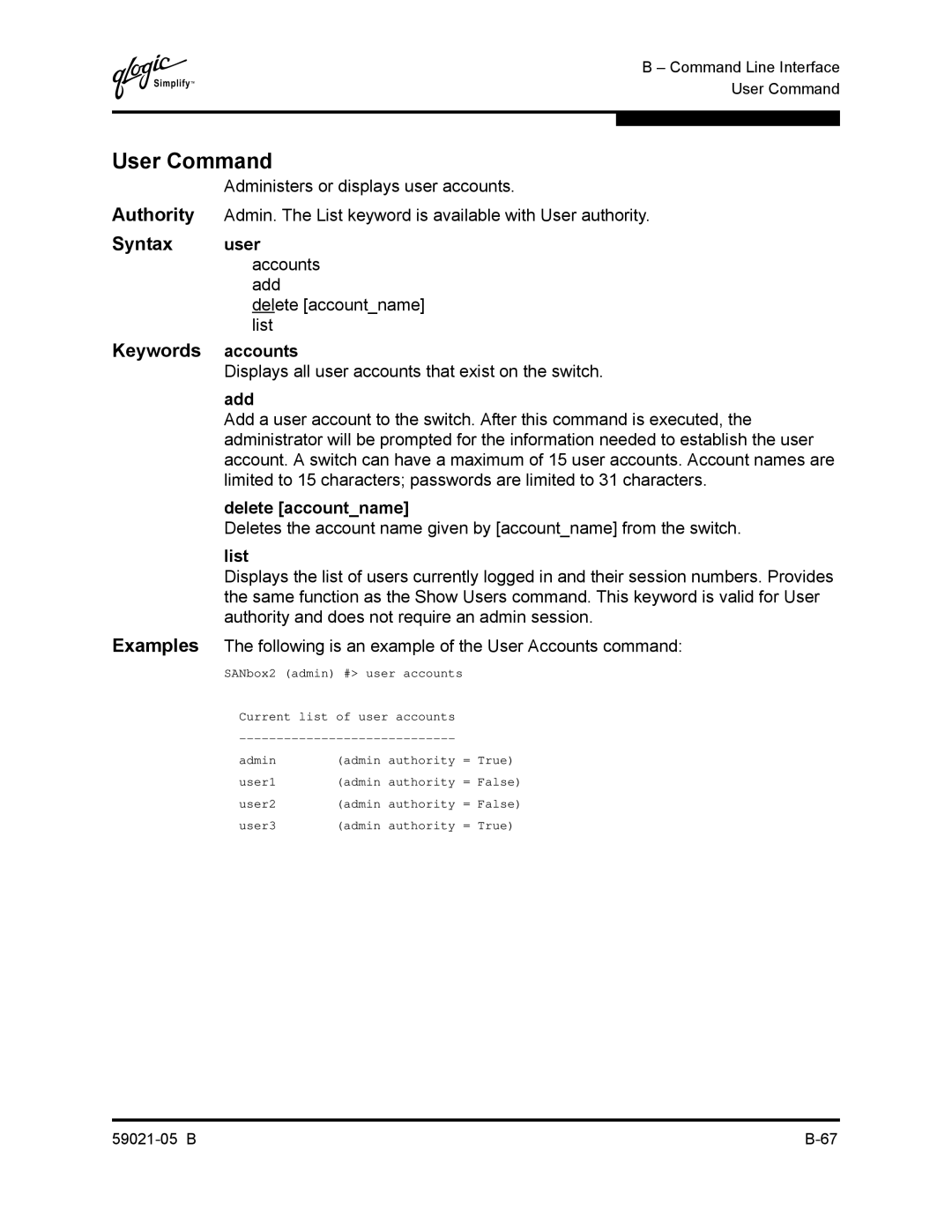 Q-Logic 59021-05 B manual User Command, Keywords accounts, Displays all user accounts that exist on the switch, Add 