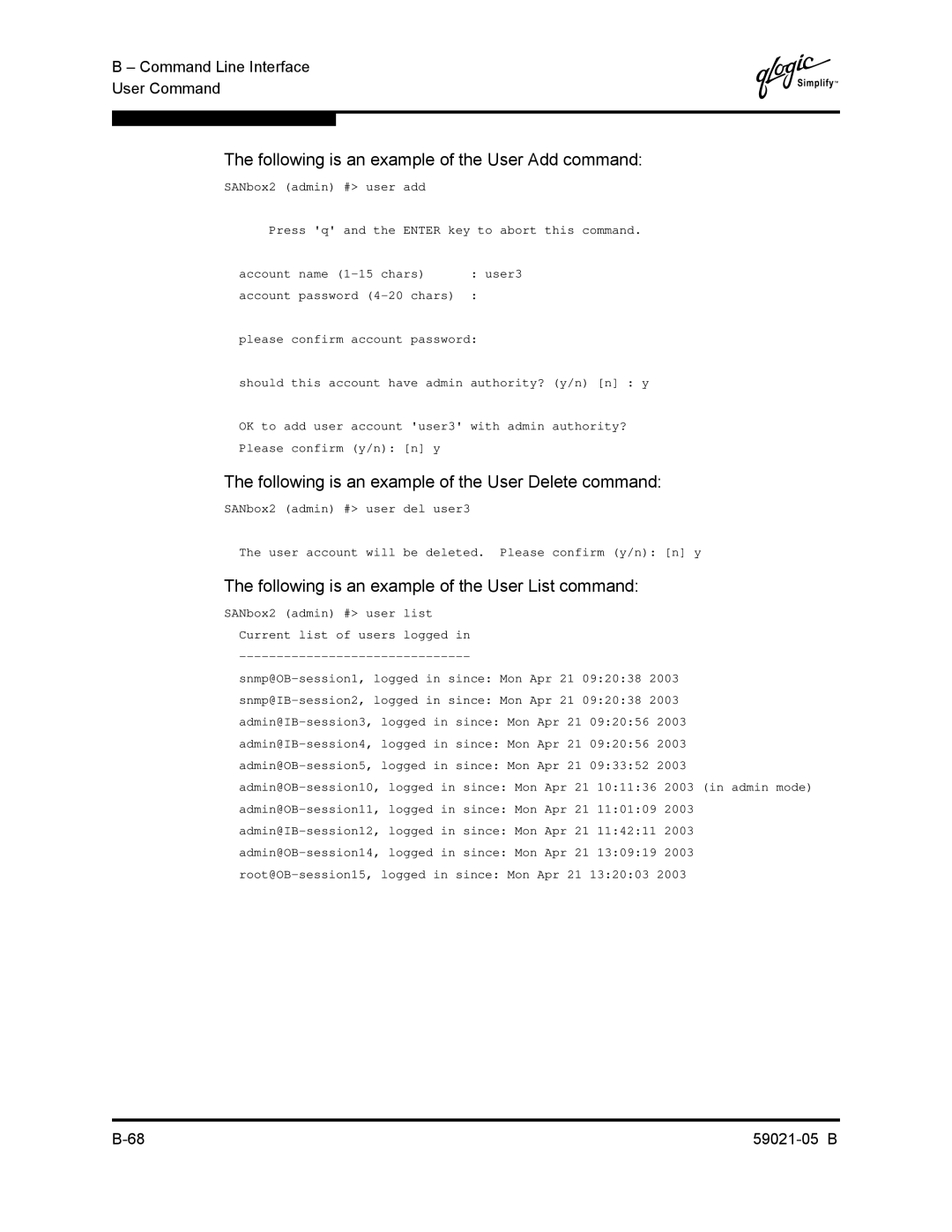 Q-Logic 59021-05 B Following is an example of the User Add command, Following is an example of the User Delete command 