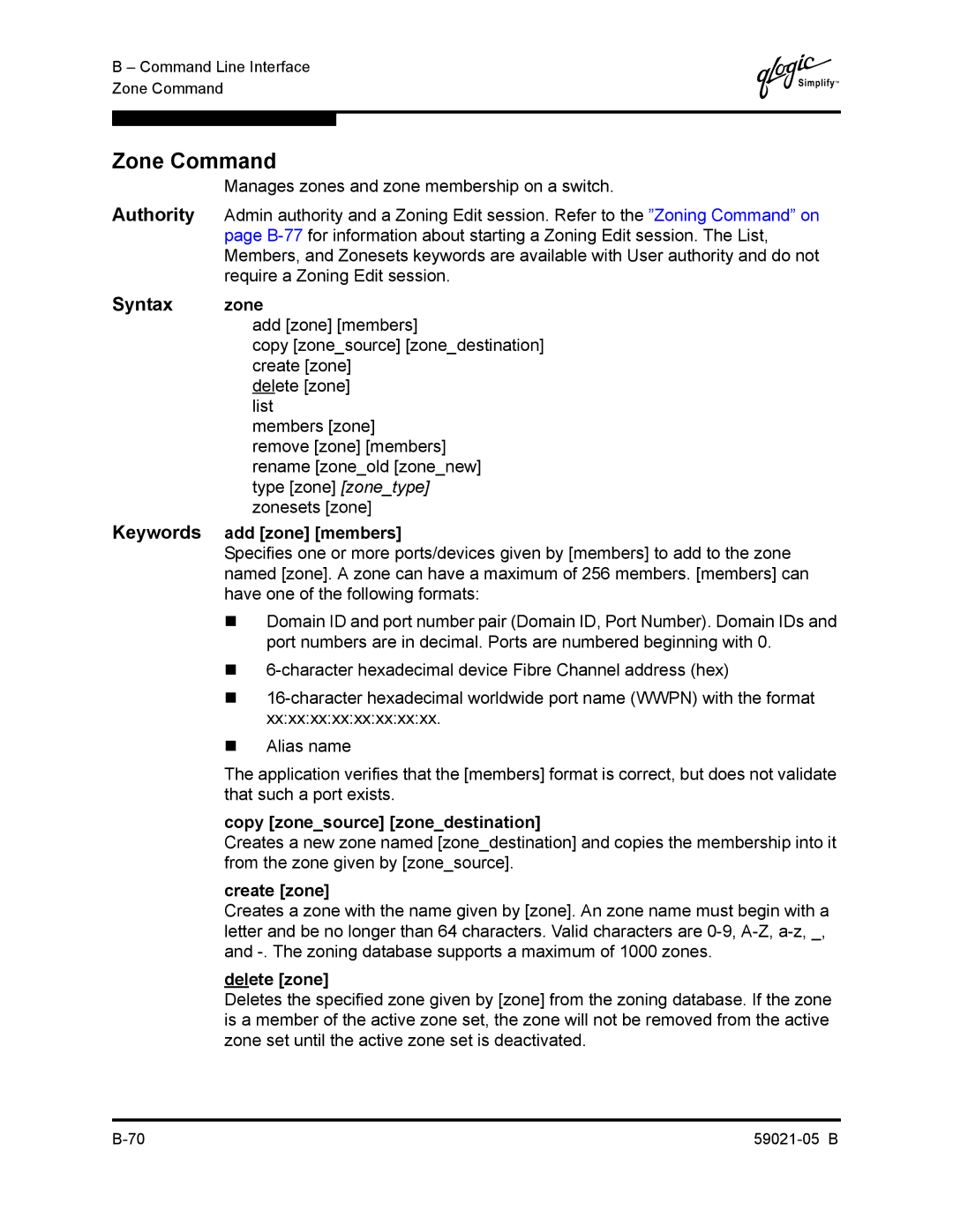 Q-Logic 59021-05 B manual Zone Command, Syntax zone 