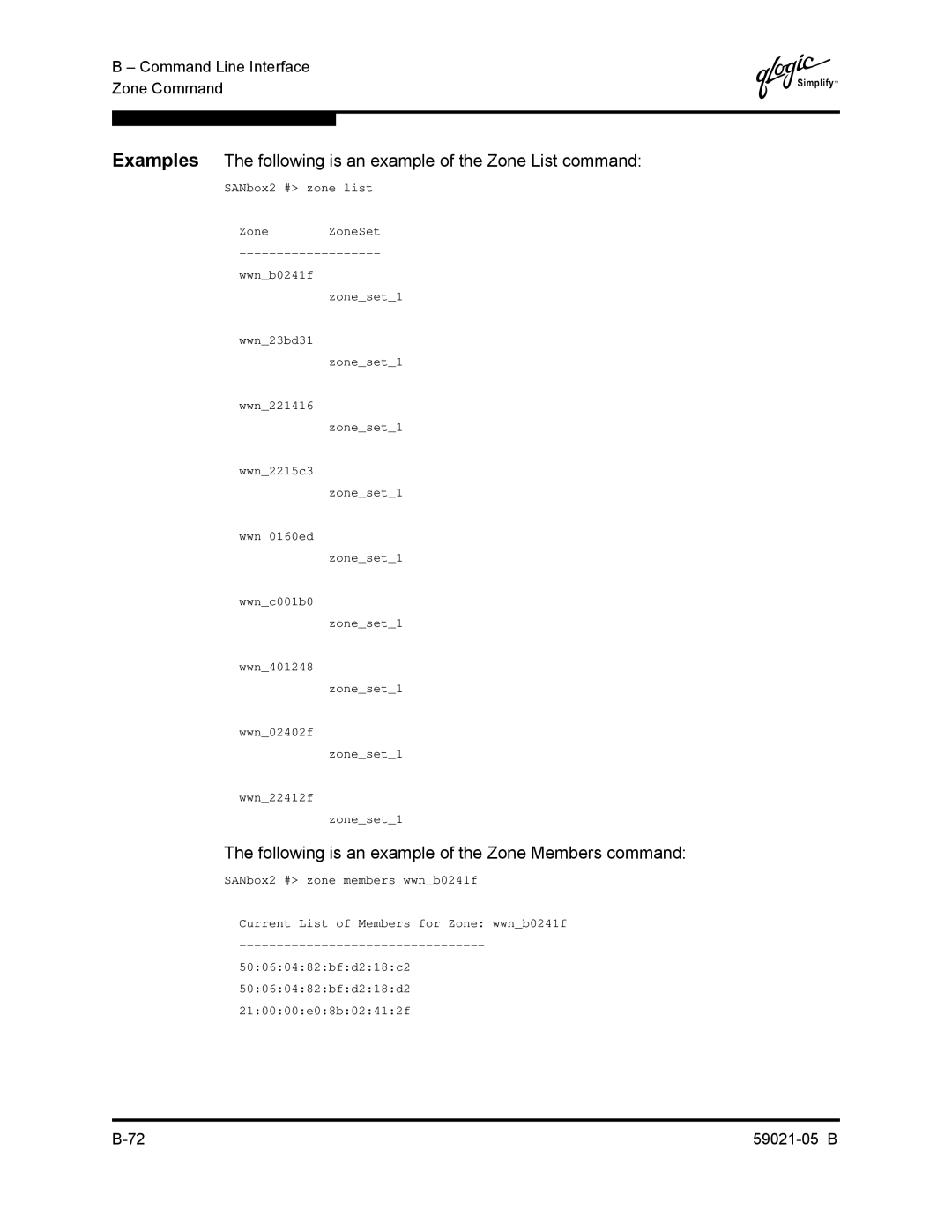 Q-Logic 59021-05 B manual Following is an example of the Zone Members command 