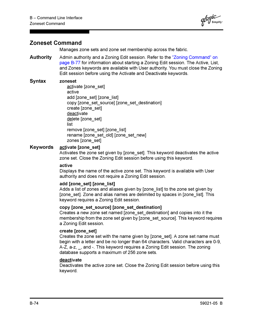 Q-Logic 59021-05 B manual Zoneset Command, Syntax zoneset 