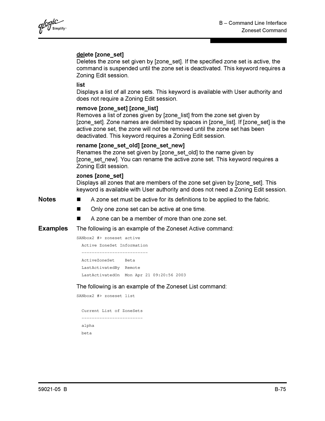 Q-Logic 59021-05 B manual Delete zoneset, Remove zoneset zonelist, Rename zonesetold zonesetnew, Zones zoneset 