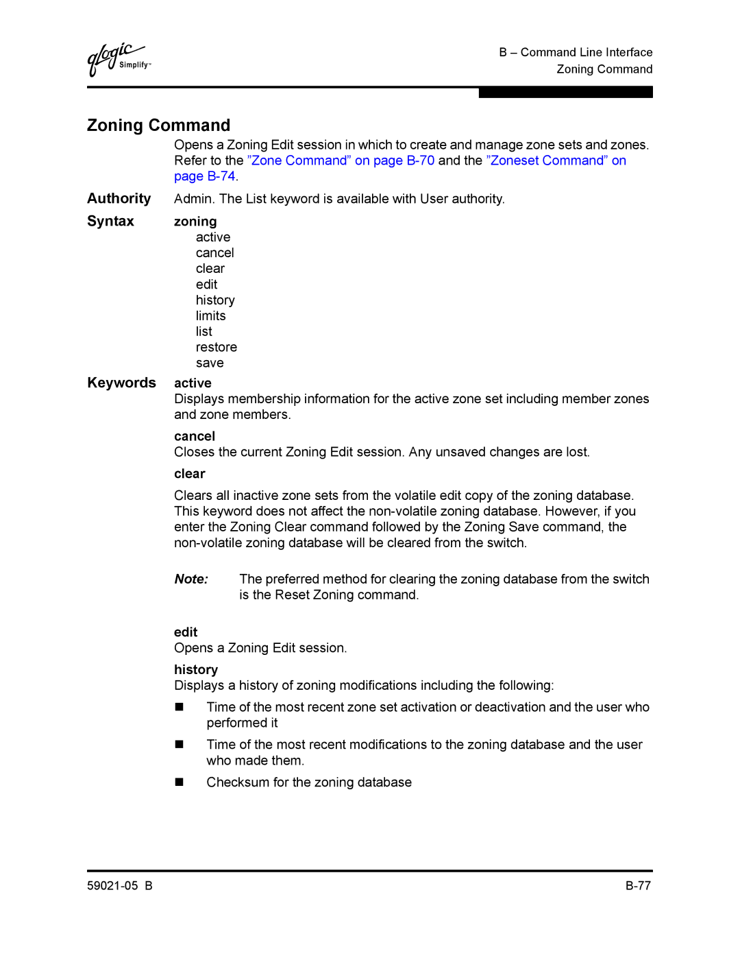 Q-Logic 59021-05 B manual Zoning Command, Opens a Zoning Edit session, History 