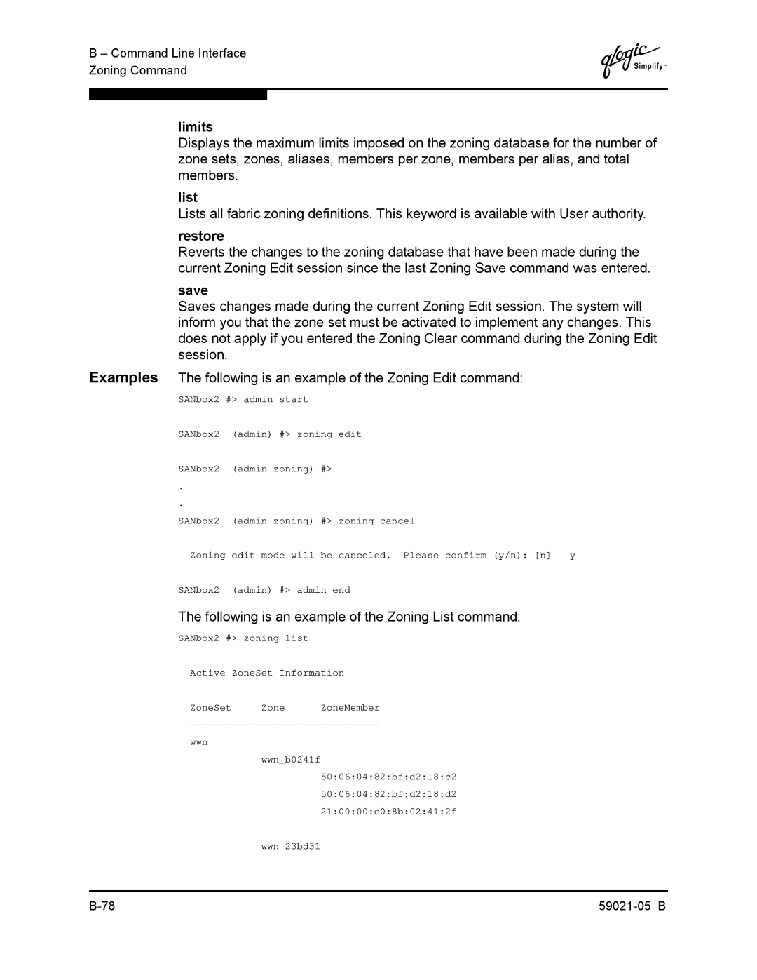 Q-Logic 59021-05 B manual Limits, Following is an example of the Zoning List command 