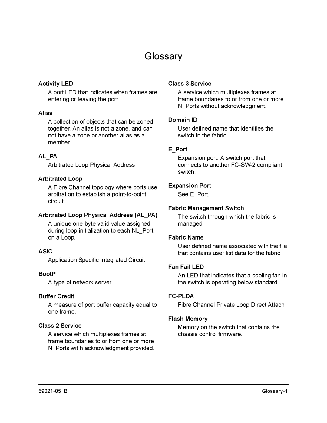 Q-Logic 59021-05 B Activity LED, Alias, Arbitrated Loop Physical Address Alpa, BootP, Buffer Credit, Class 2 Service 