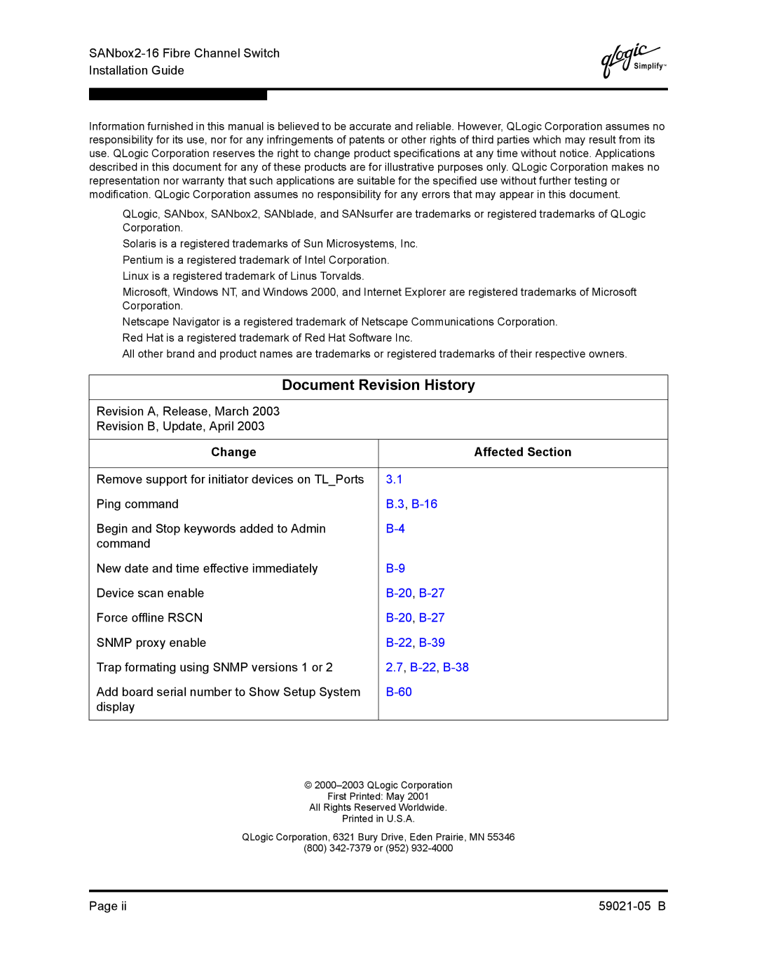 Q-Logic 59021-05 B manual Document Revision History, SANbox2-16 Fibre Channel Switch Installation Guide 