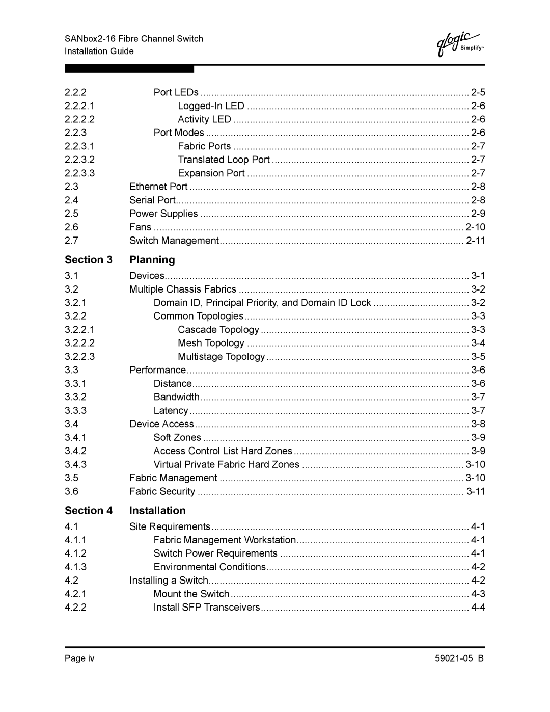 Q-Logic 59021-05 B manual Section Planning, Section Installation 