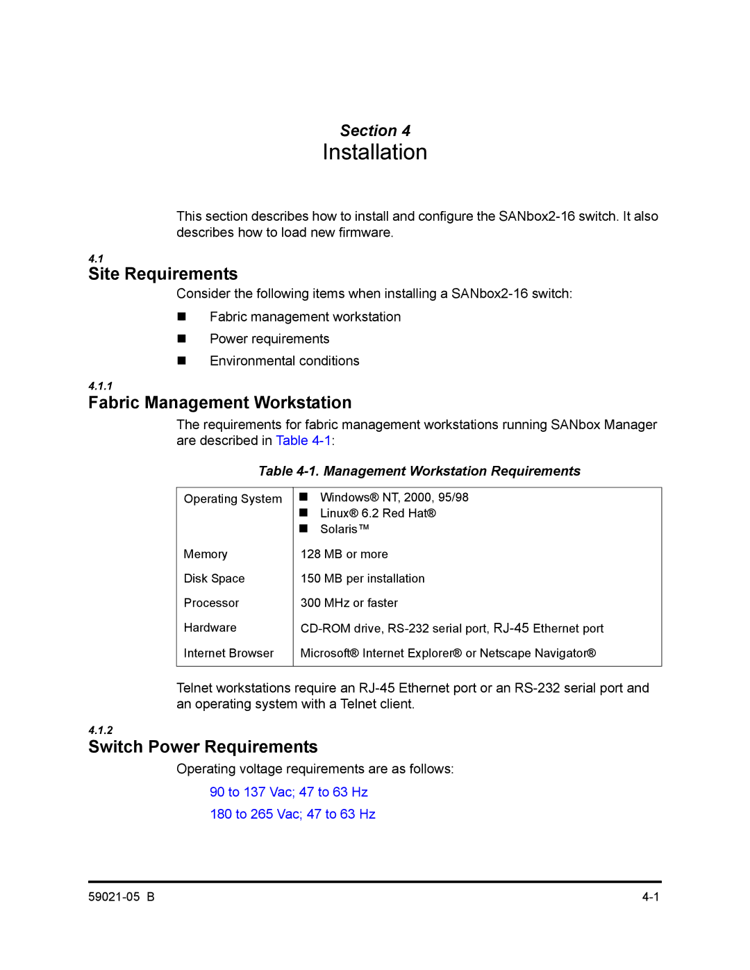 Q-Logic 59021-05 B manual Site Requirements, Fabric Management Workstation, Switch Power Requirements 