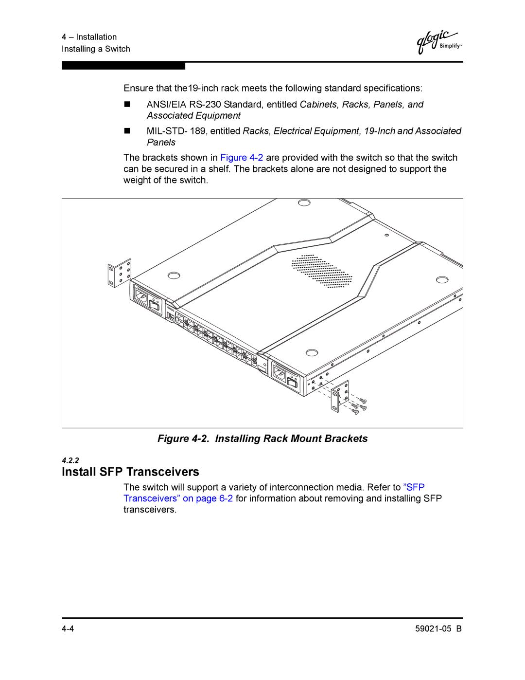 Q-Logic 59021-05 B manual Install SFP Transceivers, Installing Rack Mount Brackets 