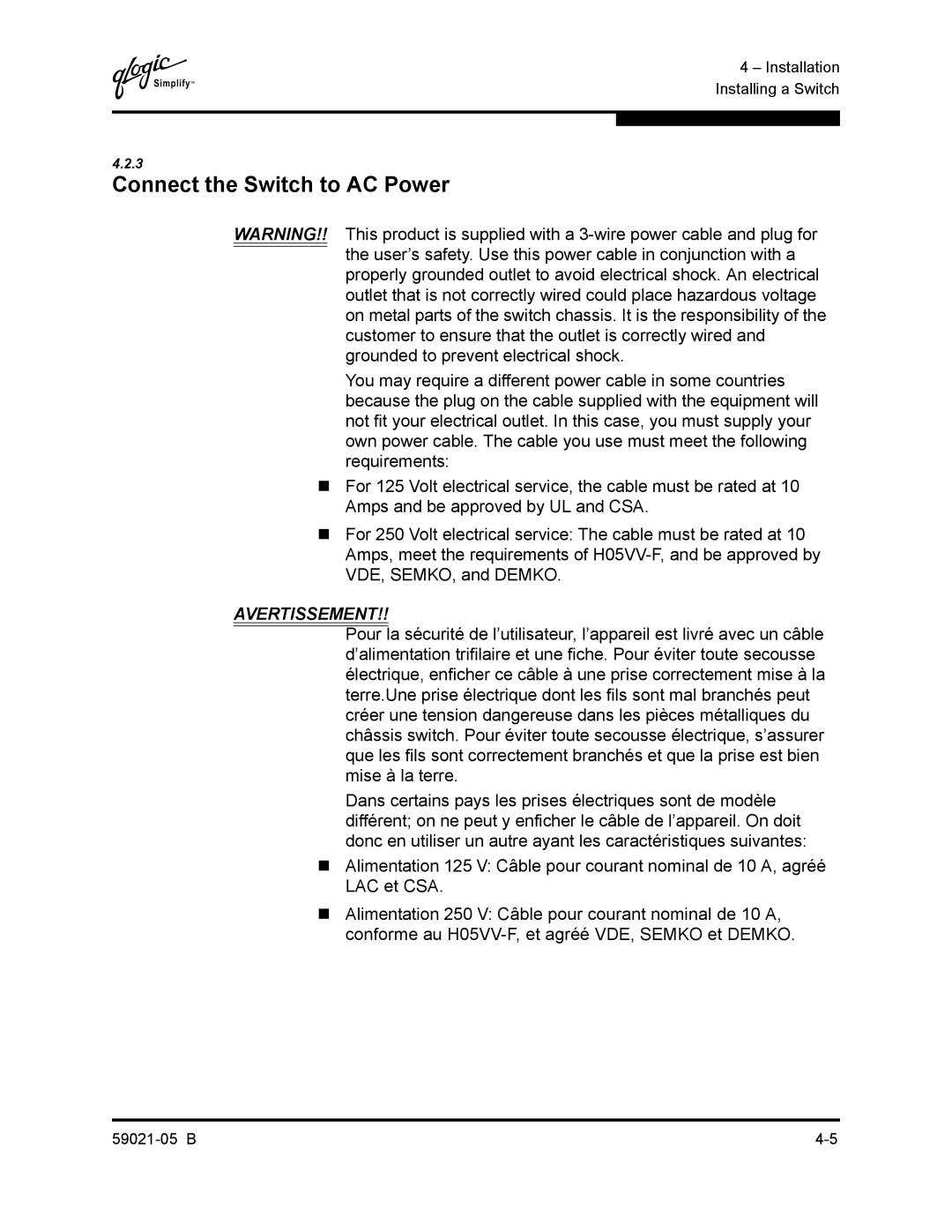 Q-Logic 59021-05 B manual Connect the Switch to AC Power, Avertissement 