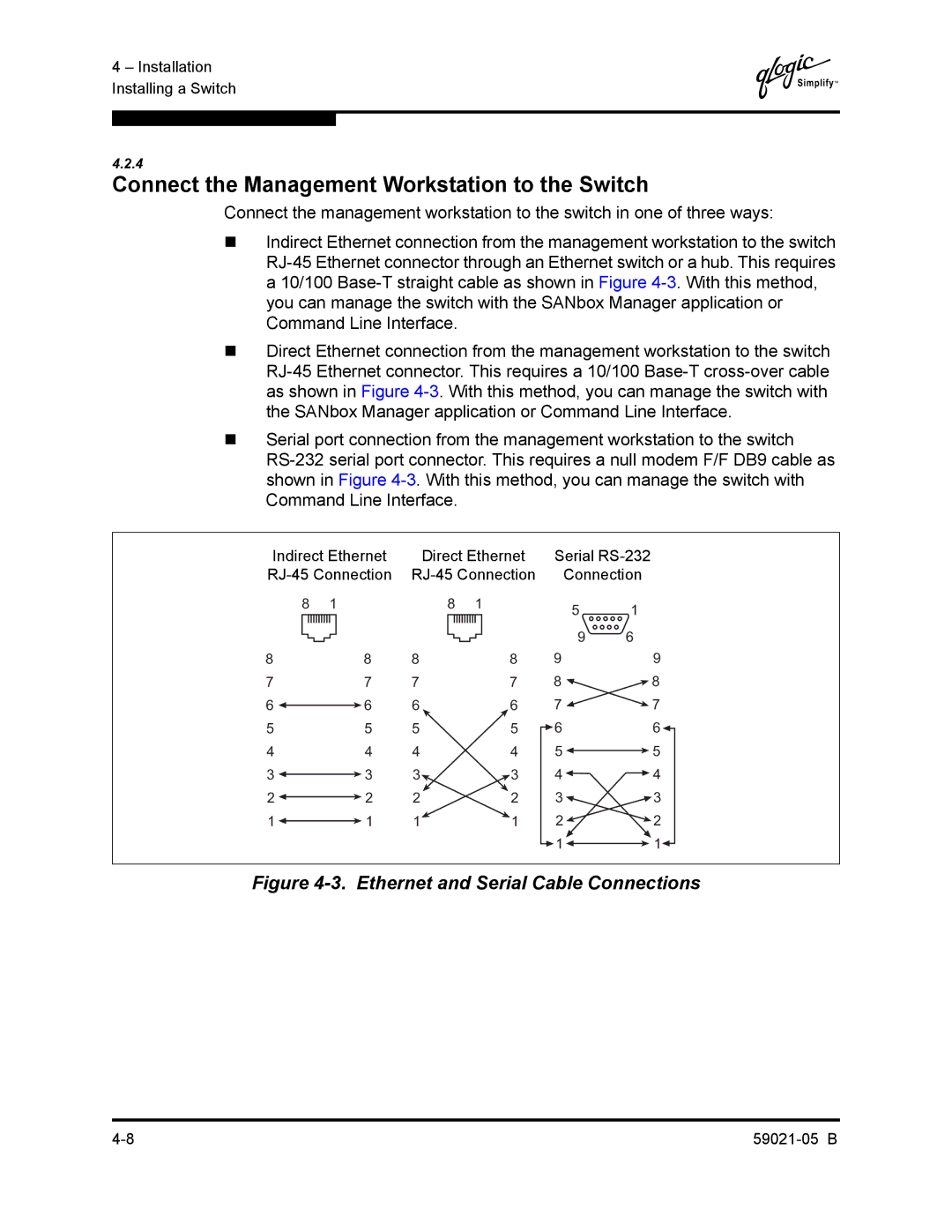 Q-Logic 59021-05 B manual Connect the Management Workstation to the Switch, Ethernet and Serial Cable Connections 